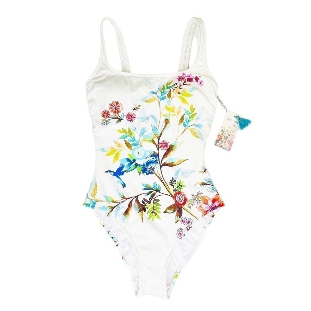 Johnny Was Lei Floral Tank Suit One Piece Swim/Bathing Suit XS White New NWT